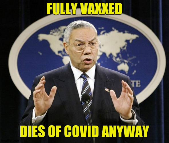 RIP | FULLY VAXXED; DIES OF COVID ANYWAY | image tagged in colin powell,wuhan flu,fully vaxxed | made w/ Imgflip meme maker