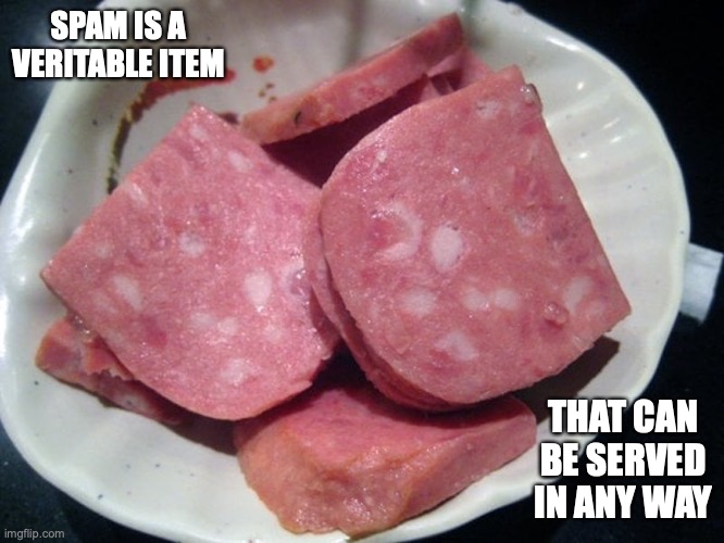 Spam | SPAM IS A VERITABLE ITEM; THAT CAN BE SERVED IN ANY WAY | image tagged in food,memes,spam | made w/ Imgflip meme maker