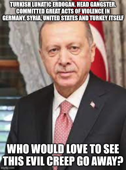 Turkey biggest gangster | TURKISH LUNATIC ERDOGAN. HEAD GANGSTER. COMMITTED GREAT ACTS OF VIOLENCE IN GERMANY, SYRIA, UNITED STATES AND TURKEY ITSELF; WHO WOULD LOVE TO SEE THIS EVIL CREEP GO AWAY? | image tagged in erdogan,turkey,gangster,genocide,mass killer | made w/ Imgflip meme maker