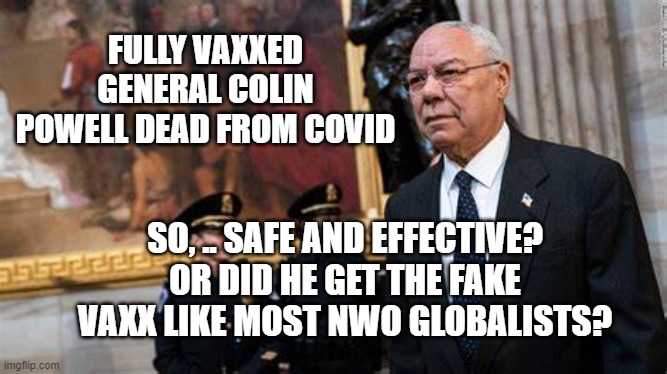 Safe and effective? | FULLY VAXXED GENERAL COLIN POWELL DEAD FROM COVID; SO, .. SAFE AND EFFECTIVE? OR DID HE GET THE FAKE VAXX LIKE MOST NWO GLOBALISTS? | made w/ Imgflip meme maker