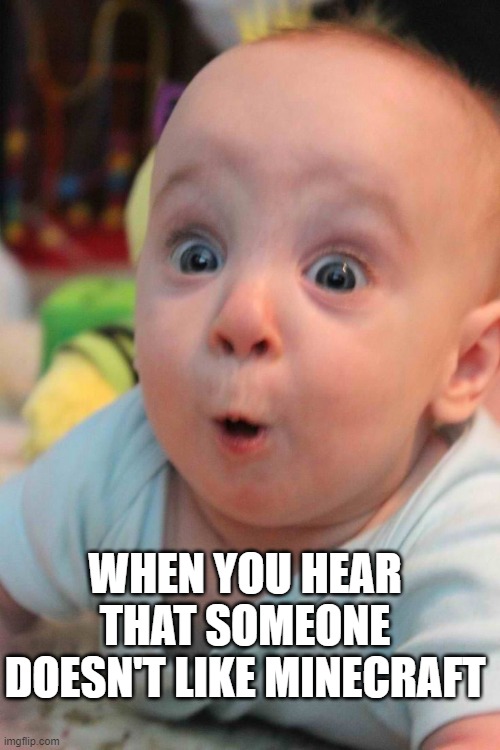 Surprise Baby |  WHEN YOU HEAR THAT SOMEONE DOESN'T LIKE MINECRAFT | image tagged in surprise baby | made w/ Imgflip meme maker