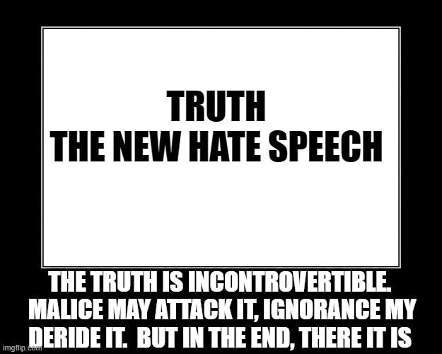 motivational poster template | TRUTH
THE NEW HATE SPEECH THE TRUTH IS INCONTROVERTIBLE.  MALICE MAY ATTACK IT, IGNORANCE MY DERIDE IT.  BUT IN THE END, THERE IT IS | image tagged in motivational poster template | made w/ Imgflip meme maker