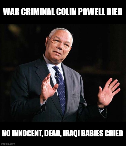 THERE WERE NO WEAPONS OF MASS DESTRUCTION IN IRAQ | WAR CRIMINAL COLIN POWELL DIED; NO INNOCENT, DEAD, IRAQI BABIES CRIED | image tagged in liar,war criminal,dead from covid,colin powell | made w/ Imgflip meme maker