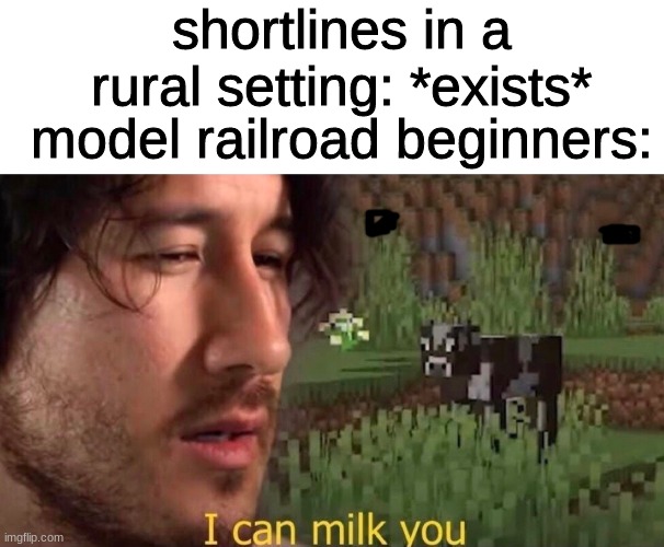 never modelled in my life but yes | shortlines in a rural setting: *exists*; model railroad beginners: | image tagged in i can milk you template,funny,models,train | made w/ Imgflip meme maker