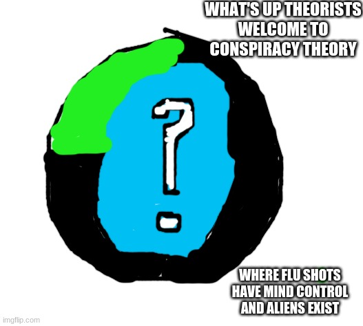 conspiracy theory | WHAT'S UP THEORISTS
WELCOME TO CONSPIRACY THEORY; WHERE FLU SHOTS HAVE MIND CONTROL AND ALIENS EXIST | image tagged in caption box | made w/ Imgflip meme maker