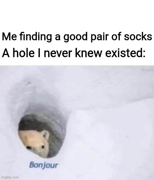 How to piss me off | Me finding a good pair of socks; A hole I never knew existed: | image tagged in bonjour | made w/ Imgflip meme maker