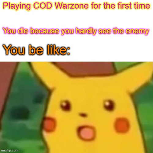 Surprised Pikachu | Playing COD Warzone for the first time; You die because you hardly see the enemy; You be like: | image tagged in memes,surprised pikachu | made w/ Imgflip meme maker