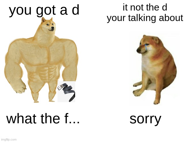 Buff Doge vs. Cheems | you got a d; it not the d your talking about; what the f... sorry | image tagged in memes,buff doge vs cheems | made w/ Imgflip meme maker