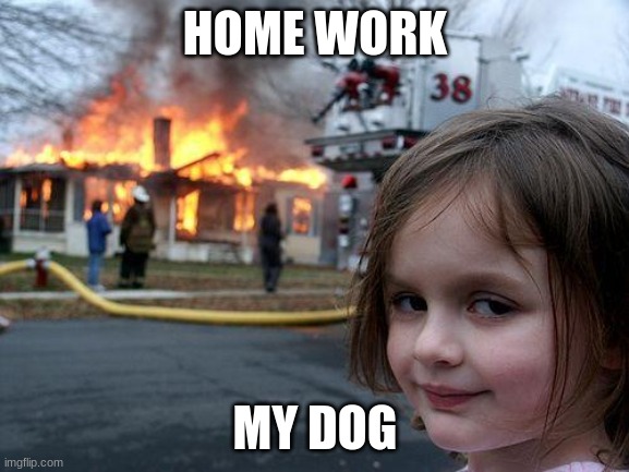 Disaster Girl | HOME WORK; MY DOG | image tagged in memes,disaster girl | made w/ Imgflip meme maker