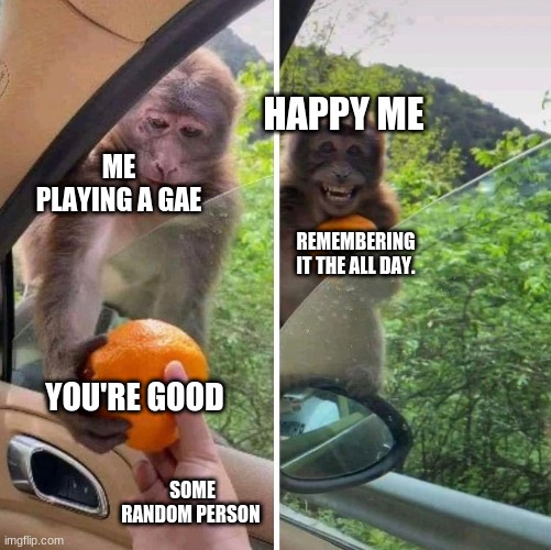 monkey getting an orange | HAPPY ME; ME PLAYING A GAE; REMEMBERING IT THE ALL DAY. YOU'RE GOOD; SOME RANDOM PERSON | image tagged in monkey getting an orange,happy,gaming | made w/ Imgflip meme maker