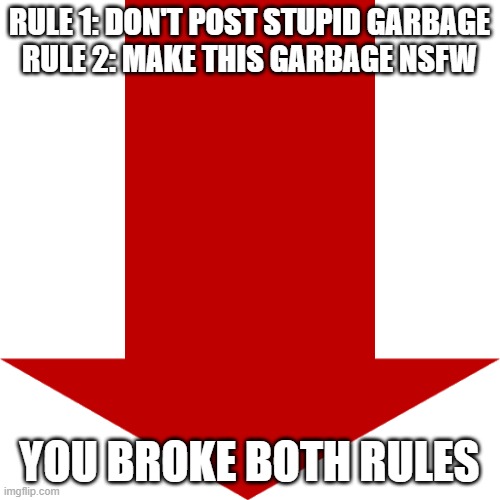 Red arrow | RULE 1: DON'T POST STUPID GARBAGE
RULE 2: MAKE THIS GARBAGE NSFW YOU BROKE BOTH RULES | image tagged in red arrow | made w/ Imgflip meme maker