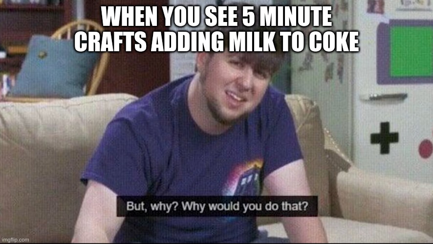 But why why would you do that? | WHEN YOU SEE 5 MINUTE CRAFTS ADDING MILK TO COKE | image tagged in but why why would you do that | made w/ Imgflip meme maker
