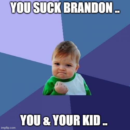 BRANDON SUCKS | YOU SUCK BRANDON .. YOU & YOUR KID .. | image tagged in memes,success kid | made w/ Imgflip meme maker