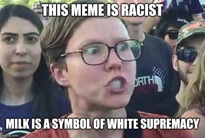 Triggered Liberal | THIS MEME IS RACIST MILK IS A SYMBOL OF WHITE SUPREMACY | image tagged in triggered liberal | made w/ Imgflip meme maker