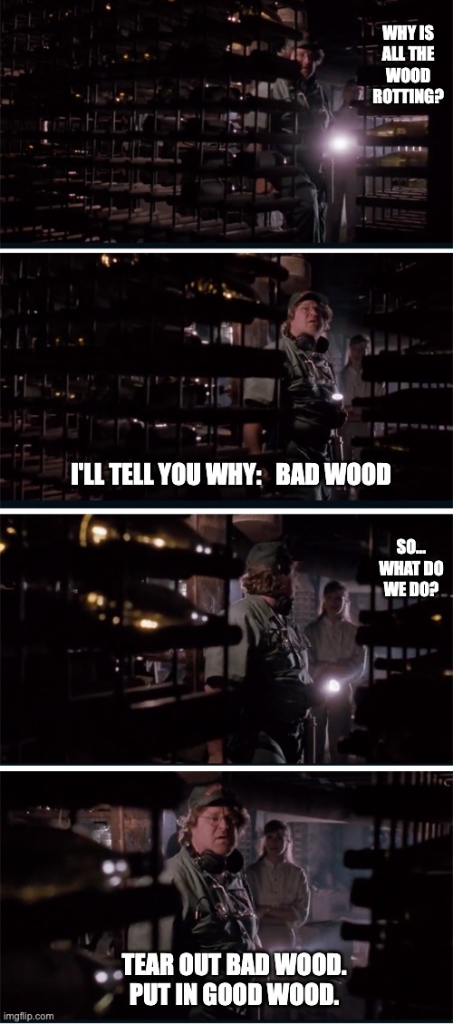 Bad Wood/ Good Wood | WHY IS
ALL THE
WOOD
ROTTING? I'LL TELL YOU WHY:   BAD WOOD; SO...
WHAT DO
WE DO? TEAR OUT BAD WOOD.
PUT IN GOOD WOOD. | image tagged in arachnophobia,johngoodman | made w/ Imgflip meme maker
