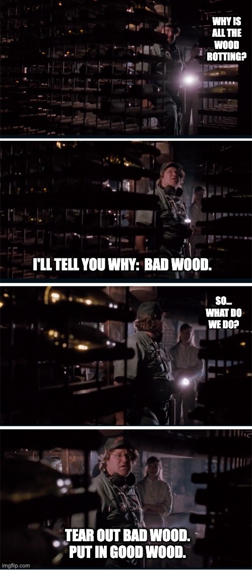Bad Wood/ Good Wood | WHY IS
ALL THE
WOOD
ROTTING? I'LL TELL YOU WHY:  BAD WOOD. SO...
WHAT DO
WE DO? TEAR OUT BAD WOOD.
PUT IN GOOD WOOD. | image tagged in bad wood/ good wood,arachnophobia,john goodman | made w/ Imgflip meme maker