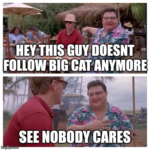 Jurassic Park Nedry meme | HEY THIS GUY DOESNT FOLLOW BIG CAT ANYMORE; SEE NOBODY CARES | image tagged in jurassic park nedry meme | made w/ Imgflip meme maker