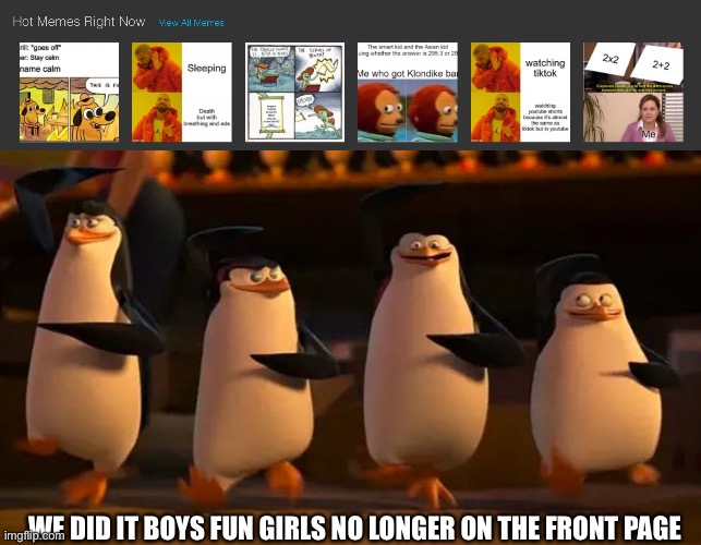 WE DID IT BOYS FUN GIRLS NO LONGER ON THE FRONT PAGE | image tagged in penguins of madagascar,fun girl,yes | made w/ Imgflip meme maker