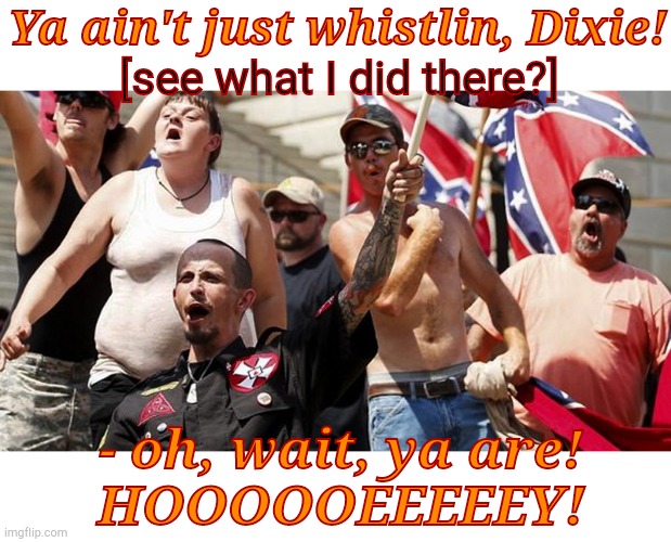 Confederate Flag Supporters | Ya ain't just whistlin, Dixie! - oh, wait, ya are!
 HOOOOOEEEEEY! [see what I did there?] | image tagged in confederate flag supporters | made w/ Imgflip meme maker