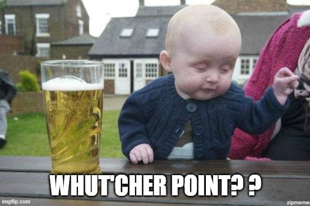Drunk Baby | WHUT'CHER POINT? ? | image tagged in drunk baby | made w/ Imgflip meme maker