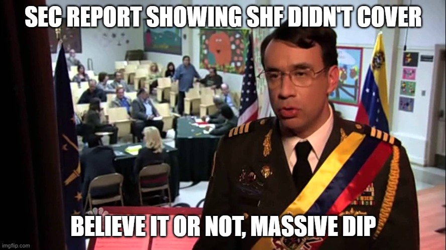 Park and Rec Jail | SEC REPORT SHOWING SHF DIDN'T COVER; BELIEVE IT OR NOT, MASSIVE DIP | image tagged in park and rec jail,Superstonk | made w/ Imgflip meme maker