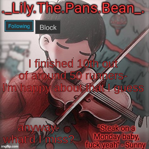 Lily's Sunny temp (thanks Wallhammer) | I finished 10th out of around 50 runners- I'm happy about that I guess; anyway- what'd I miss? | image tagged in lily's sunny temp thanks wallhammer | made w/ Imgflip meme maker