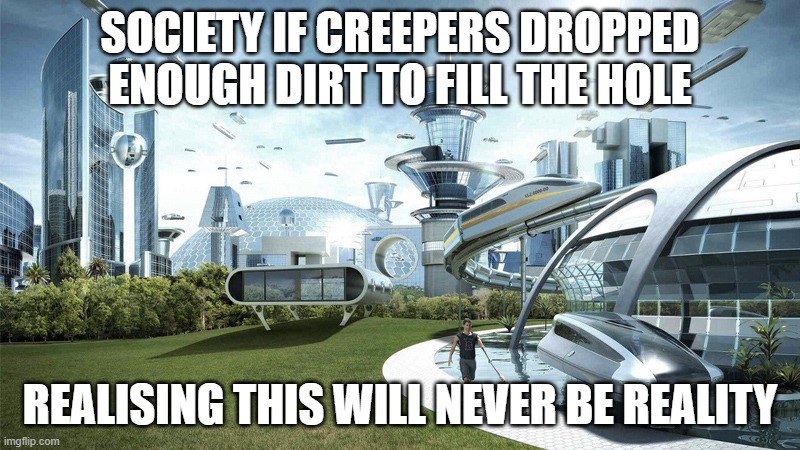 :) | SOCIETY IF CREEPERS DROPPED ENOUGH DIRT TO FILL THE HOLE; REALISING THIS WILL NEVER BE REALITY | image tagged in the future world if | made w/ Imgflip meme maker