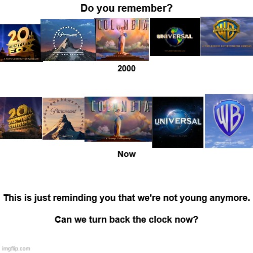 Forgot to put Disney in there but I don't feel like fixing it | Do you remember? 2000; Now; This is just reminding you that we're not young anymore.
 
Can we turn back the clock now? | image tagged in memes,then vs now,logo | made w/ Imgflip meme maker
