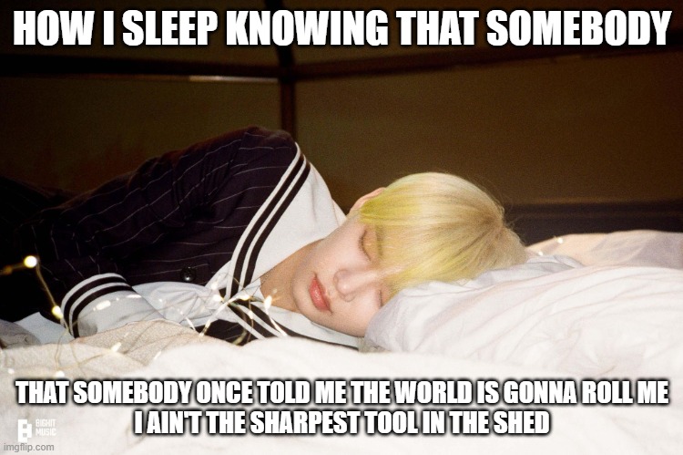 gusyim runing our of ideads :( | HOW I SLEEP KNOWING THAT SOMEBODY; THAT SOMEBODY ONCE TOLD ME THE WORLD IS GONNA ROLL ME
I AIN'T THE SHARPEST TOOL IN THE SHED | image tagged in super saiyan,the most interesting dog in the world,sleeping beauty,spinach,bad joke eel | made w/ Imgflip meme maker