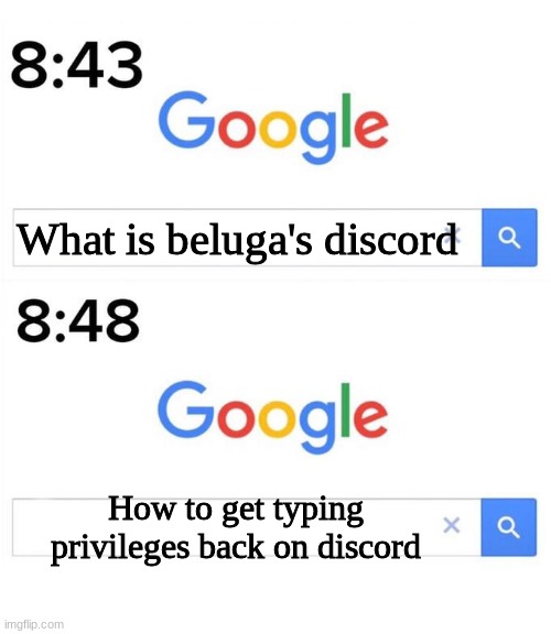 Beluga Discord | What is beluga's discord; How to get typing privileges back on discord | image tagged in google before after,true,lol,memes | made w/ Imgflip meme maker