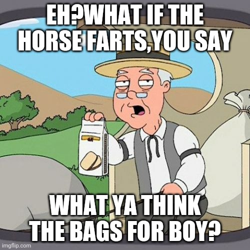 Pepperidge Farm Remembers Meme | EH?WHAT IF THE HORSE FARTS,YOU SAY; WHAT YA THINK THE BAGS FOR BOY? | image tagged in memes,pepperidge farm remembers | made w/ Imgflip meme maker