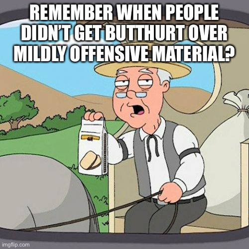 Pepperidge Farm Remembers | REMEMBER WHEN PEOPLE DIDN’T GET BUTTHURT OVER MILDLY OFFENSIVE MATERIAL? | image tagged in memes,pepperidge farm remembers | made w/ Imgflip meme maker