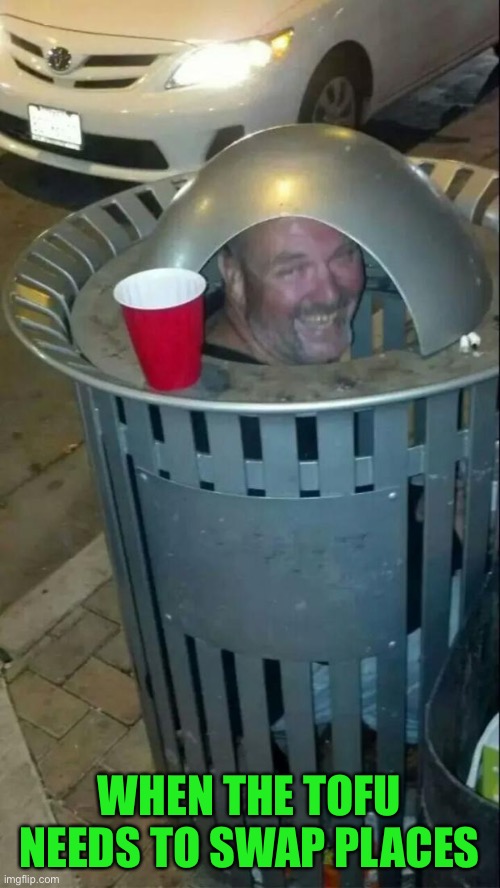 trashcan drunk | WHEN THE TOFU NEEDS TO SWAP PLACES | image tagged in trashcan drunk | made w/ Imgflip meme maker