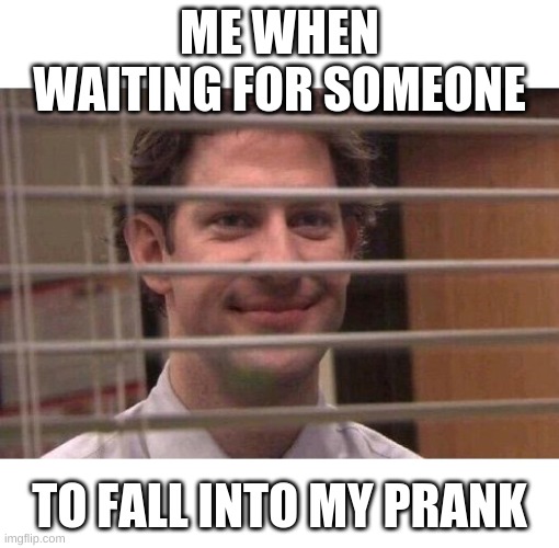 DWIGHT SCHRUTE IS MANAGER | ME WHEN WAITING FOR SOMEONE; TO FALL INTO MY PRANK | image tagged in jim office blinds | made w/ Imgflip meme maker