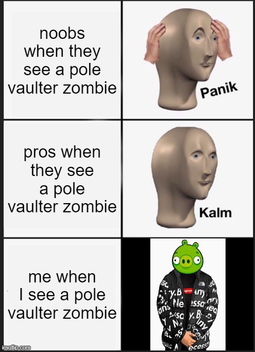 listen, I don't even know where that came from | noobs when they see a pole vaulter zombie; pros when they see a pole vaulter zombie; me when I see a pole vaulter zombie | image tagged in memes,panik kalm panik,plants vs zombies,bad piggies,angry birds | made w/ Imgflip meme maker