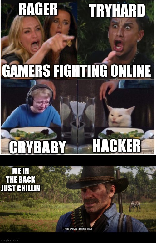 Red Dead Meme | TRYHARD; RAGER; GAMERS FIGHTING ONLINE; CRYBABY; HACKER; ME IN THE BACK JUST CHILLIN | image tagged in team arguement | made w/ Imgflip meme maker