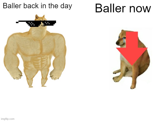 Baller Evolution | Baller back in the day; Baller now | image tagged in memes,buff doge vs cheems | made w/ Imgflip meme maker