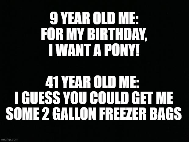 Black Background | 9 YEAR OLD ME:
FOR MY BIRTHDAY, I WANT A PONY! 41 YEAR OLD ME: 
I GUESS YOU COULD GET ME SOME 2 GALLON FREEZER BAGS | image tagged in black background,birthday | made w/ Imgflip meme maker