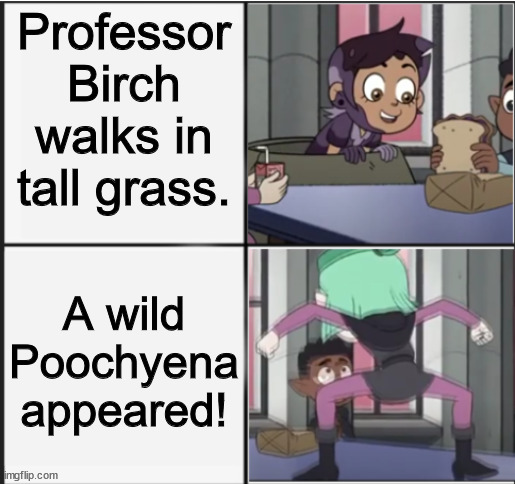 Owl House Unexpected Amity | Professor Birch walks in tall grass. A wild Poochyena appeared! | image tagged in owl house unexpected amity | made w/ Imgflip meme maker