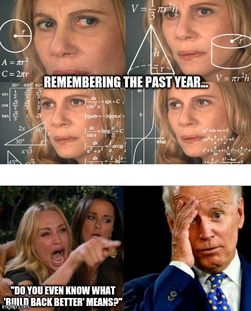 bbb! | REMEMBERING THE PAST YEAR... "DO YOU EVEN KNOW WHAT 'BUILD BACK BETTER' MEANS?" | image tagged in calculating meme,memes,woman yelling at cat | made w/ Imgflip meme maker