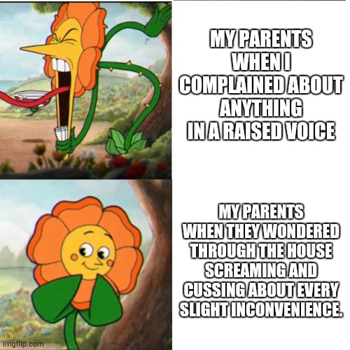 Cuphead Flower | MY PARENTS WHEN I COMPLAINED ABOUT ANYTHING IN A RAISED VOICE; MY PARENTS WHEN THEY WONDERED THROUGH THE HOUSE SCREAMING AND CUSSING ABOUT EVERY SLIGHT INCONVENIENCE. | image tagged in cuphead flower | made w/ Imgflip meme maker