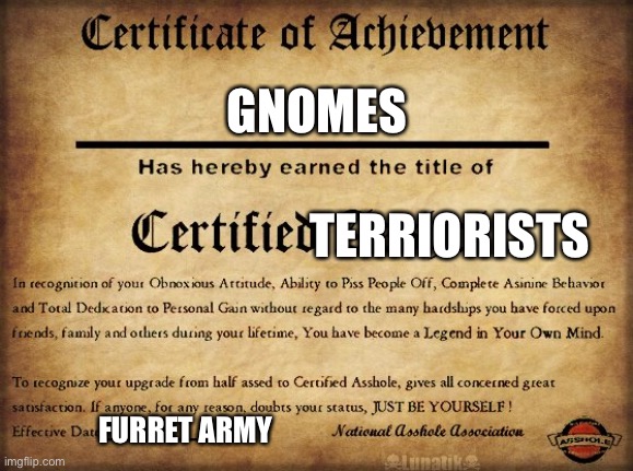 Get the gnomes!! | GNOMES; TERRIORISTS; FURRET ARMY | image tagged in furret,hate,gnomes | made w/ Imgflip meme maker