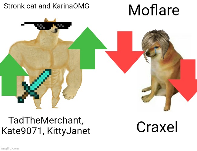 Sorry for any inconvenience!! Just my opinion!! (Just wondering... aren't Craxel and Moflare the same person? Answer me in the c | Stronk cat and KarinaOMG; Moflare; TadTheMerchant, Kate9071, KittyJanet; Craxel | image tagged in memes,buff doge vs cheems | made w/ Imgflip meme maker