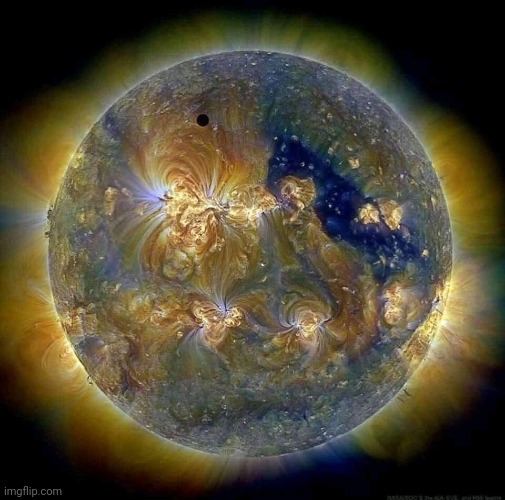 Sun in Ultraviolet  (the black dot is Venus)  Photo Credit: Nasa Solar Dynamics Observatory | image tagged in sun,venus,nasa,awesome,photography | made w/ Imgflip meme maker
