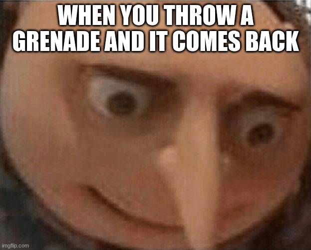 uh oh Gru | WHEN YOU THROW A GRENADE AND IT COMES BACK | image tagged in uh oh gru | made w/ Imgflip meme maker