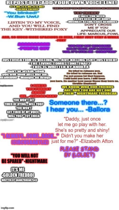 Repost this image but add your own quote! | IT’S ME -GOLDEN FREDBOI; WRITTEN BY GNARLYBREAK2543 | image tagged in repost,fnaf | made w/ Imgflip meme maker