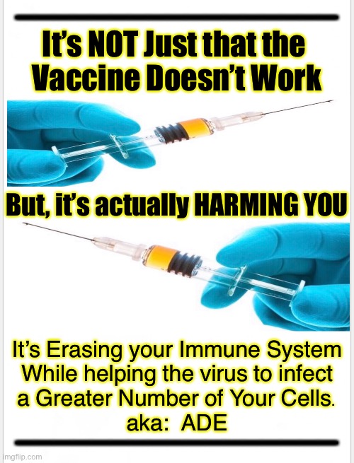 Vaccinated?  You should be Pissed.  Join the Fight! | It’s NOT Just that the 
Vaccine Doesn’t Work; But, it’s actually HARMING YOU; It’s Erasing your Immune System
While helping the virus to infect
a Greater Number of Your Cells.
aka:  ADE | image tagged in memes,vaccination,vaccines,they did this to you,gonna let em get away with it,not me i wont stop fighting them | made w/ Imgflip meme maker