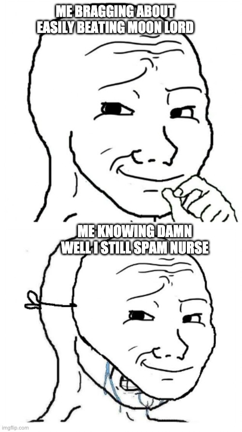 terraria meme | ME BRAGGING ABOUT EASILY BEATING MOON LORD; ME KNOWING DAMN WELL I STILL SPAM NURSE | image tagged in bad luck brian | made w/ Imgflip meme maker