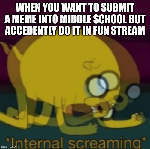 Happens all the time!!! >:( |  WHEN YOU WANT TO SUBMIT A MEME INTO MIDDLE SCHOOL BUT ACCEDENTLY DO IT IN FUN STREAM | image tagged in jake the dog internal screaming | made w/ Imgflip meme maker