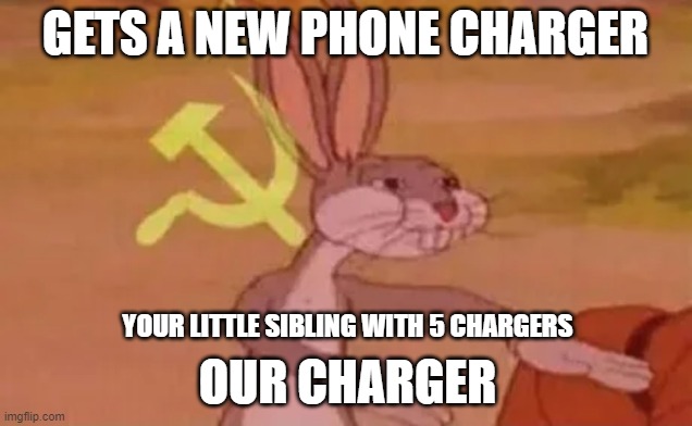 Bugs bunny communist | GETS A NEW PHONE CHARGER; YOUR LITTLE SIBLING WITH 5 CHARGERS; OUR CHARGER | image tagged in bugs bunny communist | made w/ Imgflip meme maker